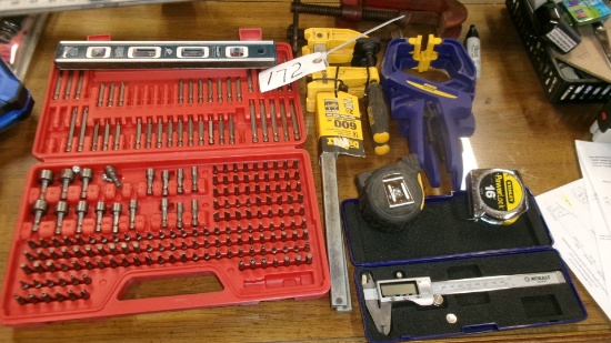 LARGE BIT SET, MILWAUKEE 1/16"-3/8" DRILL BIT SET, 2-4" C CLAMPS, 2-12" F CLAMPS, 2- IRWIN CLAMPS, +