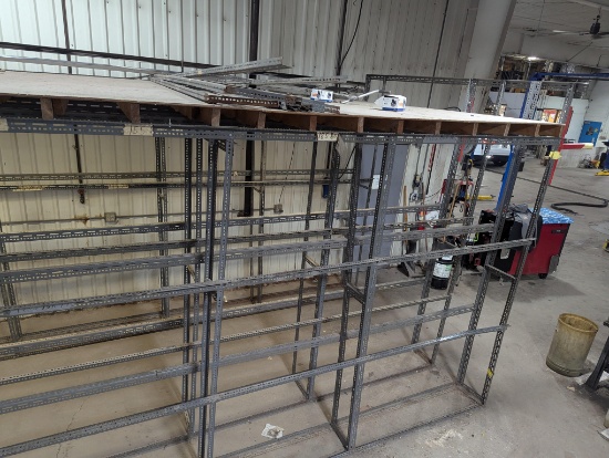 LARGE SHELVING UNIT" 3 - 14" W. X 8 1/2' TALL X 20' LONG UPRIGHTS, TOP PLYWOOD COVER  9' X 20'.,+