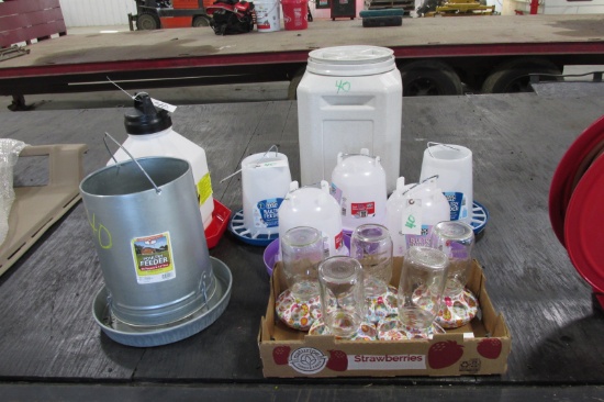 POULTRY LOT:  #30 FEEDER w/ 14" pan,    5 GAL. WATERER, STORAGE BIN, 8-SMALLER WATERS, +