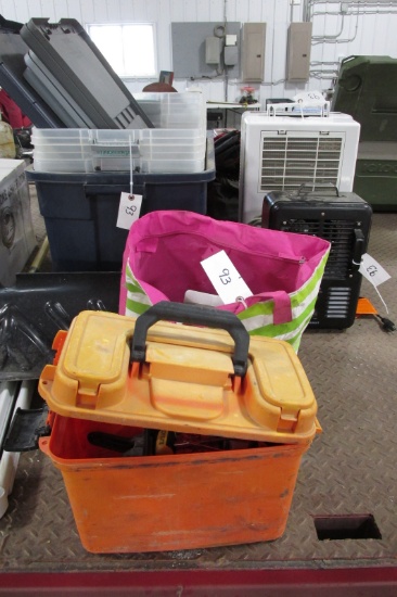 5 TOTES W // LIDS, SLEUS DEHUMIDIFIER, MILK HOUSE HEATER, IGLOO COOLER w / NEW SMOKE DETECTER