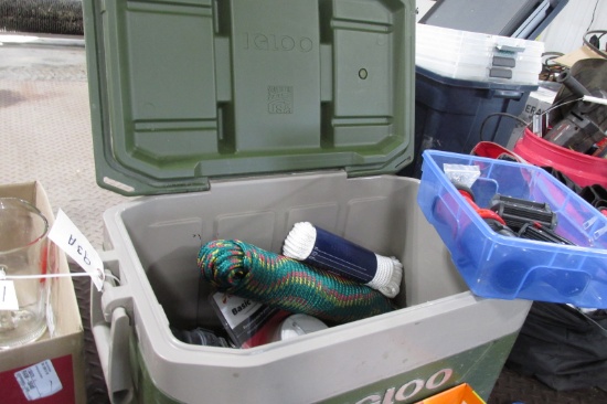 IGLOO COOLER, 3 NEW LED LIGHTS, NEW SMOKE DETECTER, & 2 ROLLS OF NYLON ROPE