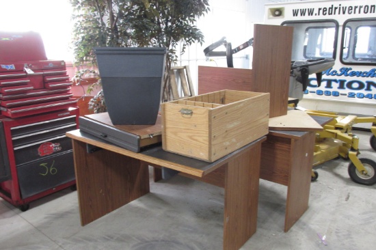 2- 30" x 4'  DESKS w / CURVED CONNECTING UNIT, 2-ORNAMENTAL TREES, & FLOWER POTS