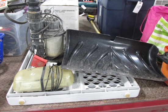 1 1/2 H.P.SUMP PUMP,, GATE, 12 VOLT EMERGENCY MAGNETIC LIGHT,SNOW SHOVEL, & MISC. ITEMS