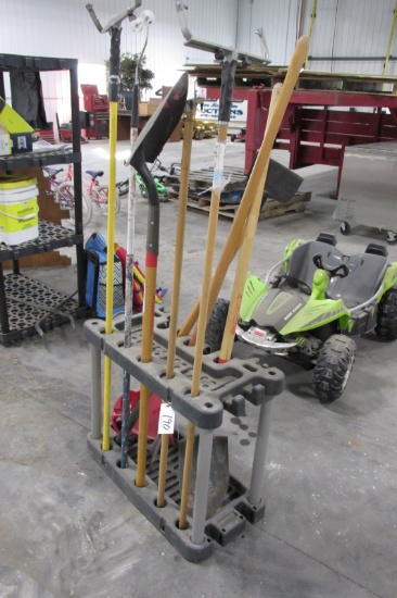 TOOL RACK w / 2 SPADES &2 ICE SCRAPERS, 4 SHELF STORAGE UNIT,