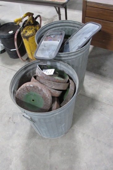 2 -GARBAGE CAN w/ approx. 40 JOHN DEERE DEPTH BANDS & 2 TRACTOR MIRRORS