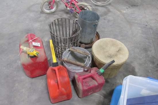 3-GAS JUGS, TOTES, CHICKEN FEEDER,  PAIL, & POTATO BUCKET