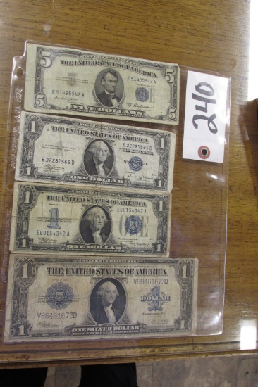 SILVER CERTIFICATES: 1 - LG 1923 $1,  a 1934, 1935B; 1 - 1953A  $5.00 off center sm.creases