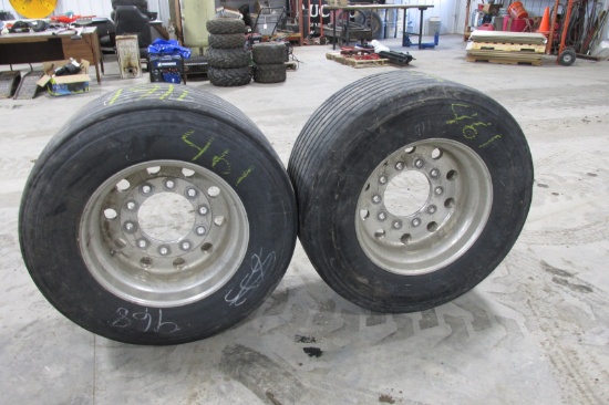 2-445 / 50R / 22.5 TRAILER TIRES on ALUMINUM RIMS & ONE  EXTRA STEEL RIM
