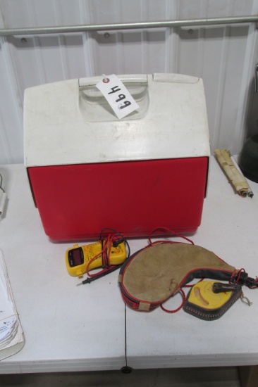 COOLER, 2- FLASHLIGHTS VOLTAGE TESTER, TAPE, CHALK LINE, HEAD LAMP, & FLASK
