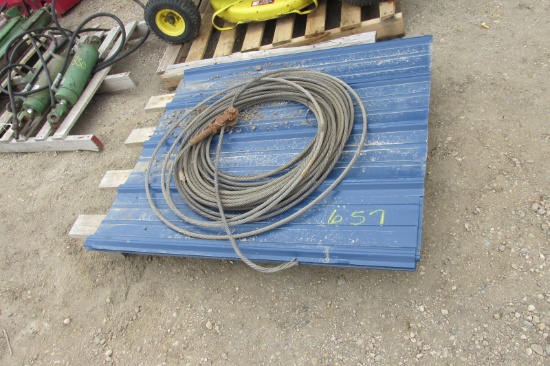 OLD STEEL WHEELED FREIGHT CART, SEVERAL PCS. 40" BLUE STEEL SIDING, & ROLL OF CABLE