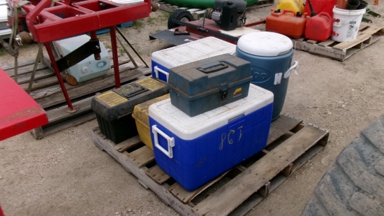 2-COOLERS, LARGE IGLOO WATER COOLER, EMPTY TACKLE BOX, & 2 EMPTY PLASTIC TOOL  BOXES