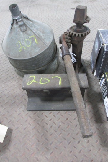 VINTAGE JACK, 2 METAL FUNNELS, PIECE OF IRON (RR track)