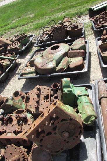 J.D. 2 CYLINDER PARTS: VALVE & FLY WHEEL COVERS, CLUTCH ASSEMBLIES, & STARTING ENGINE