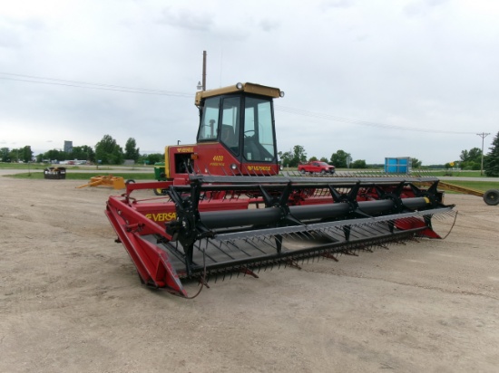 22' VERSATILE 4400 SWATHER  w / PICKUP REEL, cab, air (needs work), 2 yrs. on new canvases, new batt