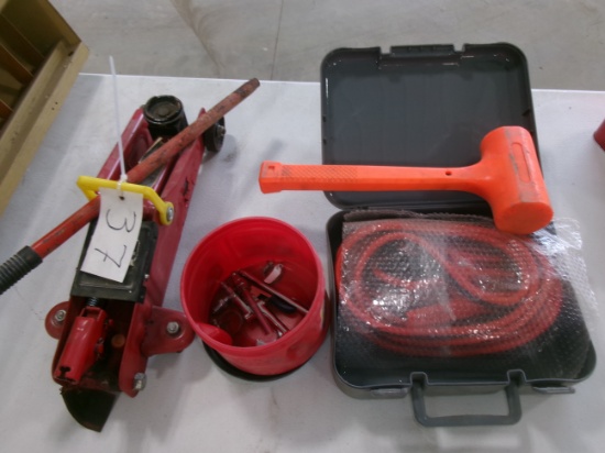 6 GAUGE 16' JUMPER CABLES, MALLET, 2 TON FLOOR JACK, & AIR HOSE ATTACHMENTS