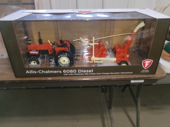 FIRESTONE ALLIS CHALMERS 6080 TRACTOR & 3 ROW FORAGE CHOPPER IN ORG. BOX
