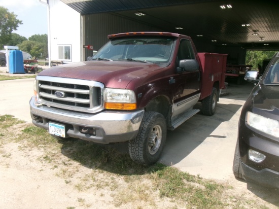2000 FORD 350 REG. CAB 4WD w / SERVICE BODY, gas V-8, auto, near new tires & battery,