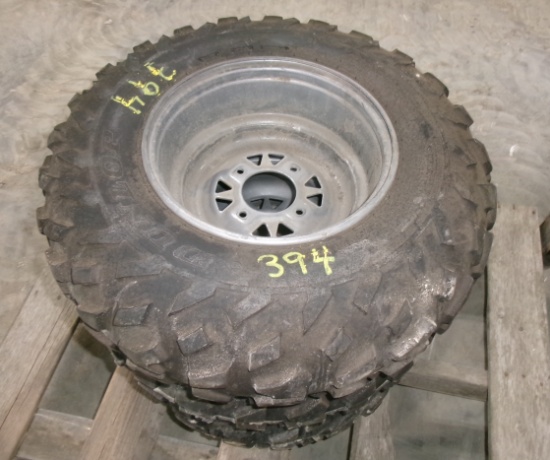 ARCTIC CAT ATV TIRES: 1-25 x 10-12 & 2-25 x 8-12 (1- new), all on Arctic 4 bolt rims