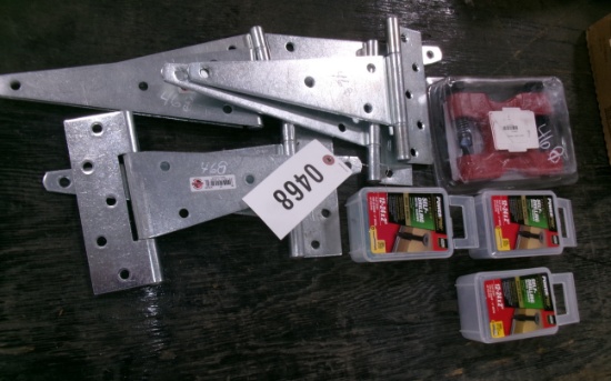 6-10" NEW HINGES, 4 BOXES 12-24 X 2" SELF TAPPING METAL SCREWS, & NEW SICKLE RIVETING TOOL