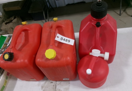 2-DEERE 5 & 1- 3 GALLON PLASTIC FUEL JUGS
