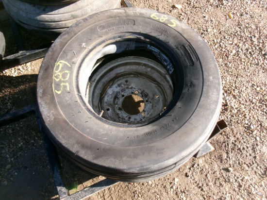 2-7'50 X 16SL, 2-9.5L 14 IMPLEMENT TIRES (3 on 5 bolt rims-1 no rim ) 4 x your bid )