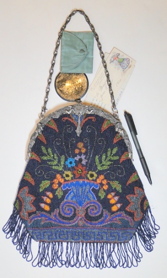 1920 Large Glass Beaded Purse or Bag, 11 1/2” Without Strap, Loop Fringe, Mirror, Coin Purse, Cards