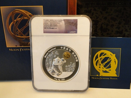 2015 Moon Festival Panda Medal 1 Kilo. 99.9% Silver, 1/10 Oz. Space Gold NGC PR69 Ultra Cameo