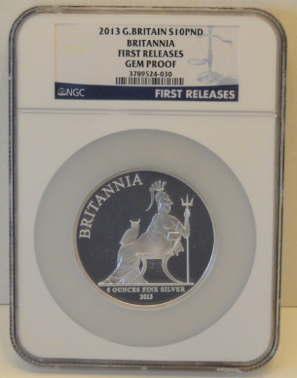 2013 Great Britain $10 Pound Britannia, 5 Oz. Fine Silver, NGC 1st Releases Gem Proof
