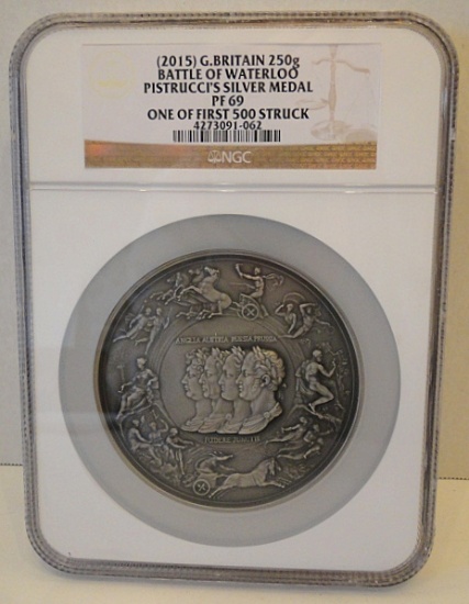 2015 Grt. Britain Battle of Waterloo Pistrucci's Silver Medal, 250 Gr., NGC PF69 1 of 1st 500 Struck