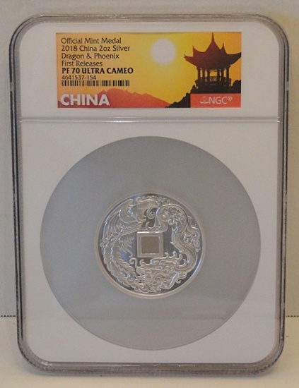 Official Mint Medal 2018 China, 2 Oz. Silver, Dragon & Phoenix NGC PF70 Ultra Cameo 1st Releases