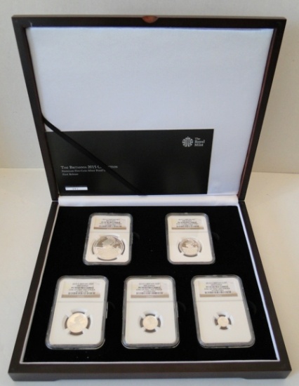 Britain 2015 U.K. 5 Coin Silver Proof Set, 1 of 550 Graded Presentation Sets, NGC PF70 Ultra Cameo