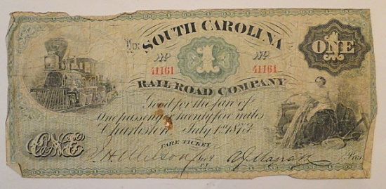 1873 South Carolina Railroad Co. Fare Ticket, 25 Miles For One Passenger, Charleston