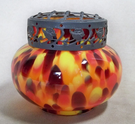 Made in Czechoslovakia Multi-Colored Spatter Glass Posy Vase W/ Metal Flower Arranger