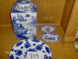 Lg Flo Blue Platter, Square Urn & 2 Small Dishes