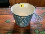 Blue and White Enamelware Wire Bucket