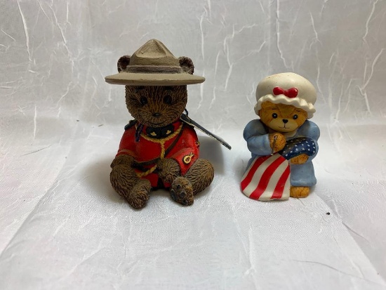 Canadian Mounty Bear Figurine & Bear w/American Flag Figurine