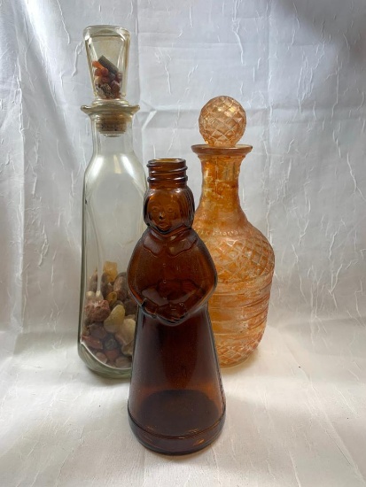 Decanter, Glass Corked Bottle w/Rocks Inside, & Aunt Jemima Glass Syrup Bottle