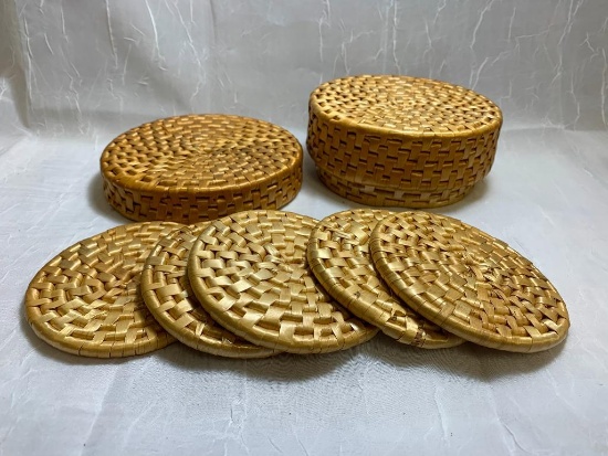 Whicker Baskets, Wicker Coasters in Storage Container, and Containers