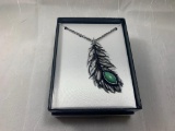 Feather With Green Stone Necklace in Box