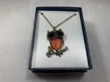 Peach Colored Owl on Branch Necklace in Box