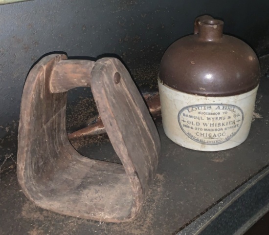 Wooden Stirrup and Whisky Crock Jug