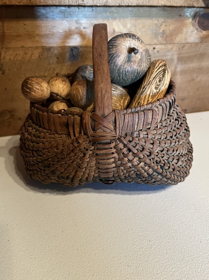 Egg Basket w/Wooden Carved Fruit and Nuts