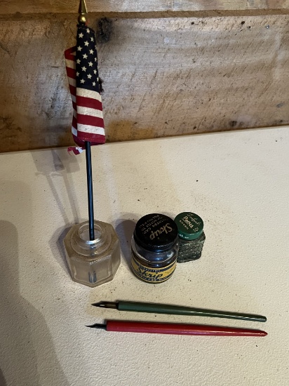 Ink Well, Ink Bottles, and Pens