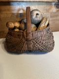 Egg Basket w/Wooden Carved Fruit and Nuts