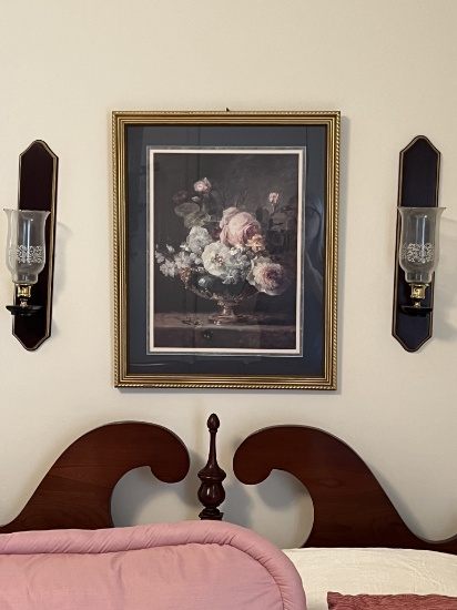 Framed Floral Print, 2 Wall Sconces, and Large Platic Fan