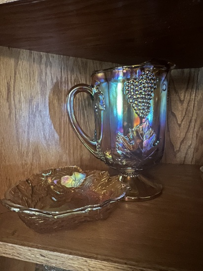 Carnival Glass Water Pitcher and Candy Dish