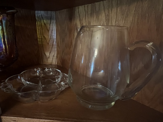 Clear Glass Water Pitcher, Divided Dish, and Clear Glass Covered Dish