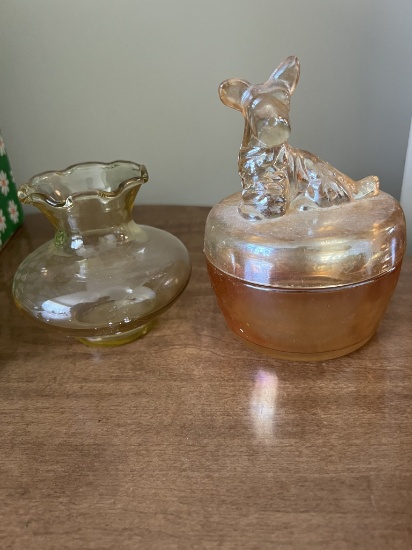 Jeannette Carnival Glass Scottie Dog Jar and Small Yellow Vase