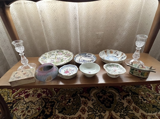 Misc Oriental Dishes and Clear Candlesticks