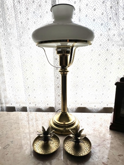 Brass Lamp w/White Shade and 2 Brass Candlesticks